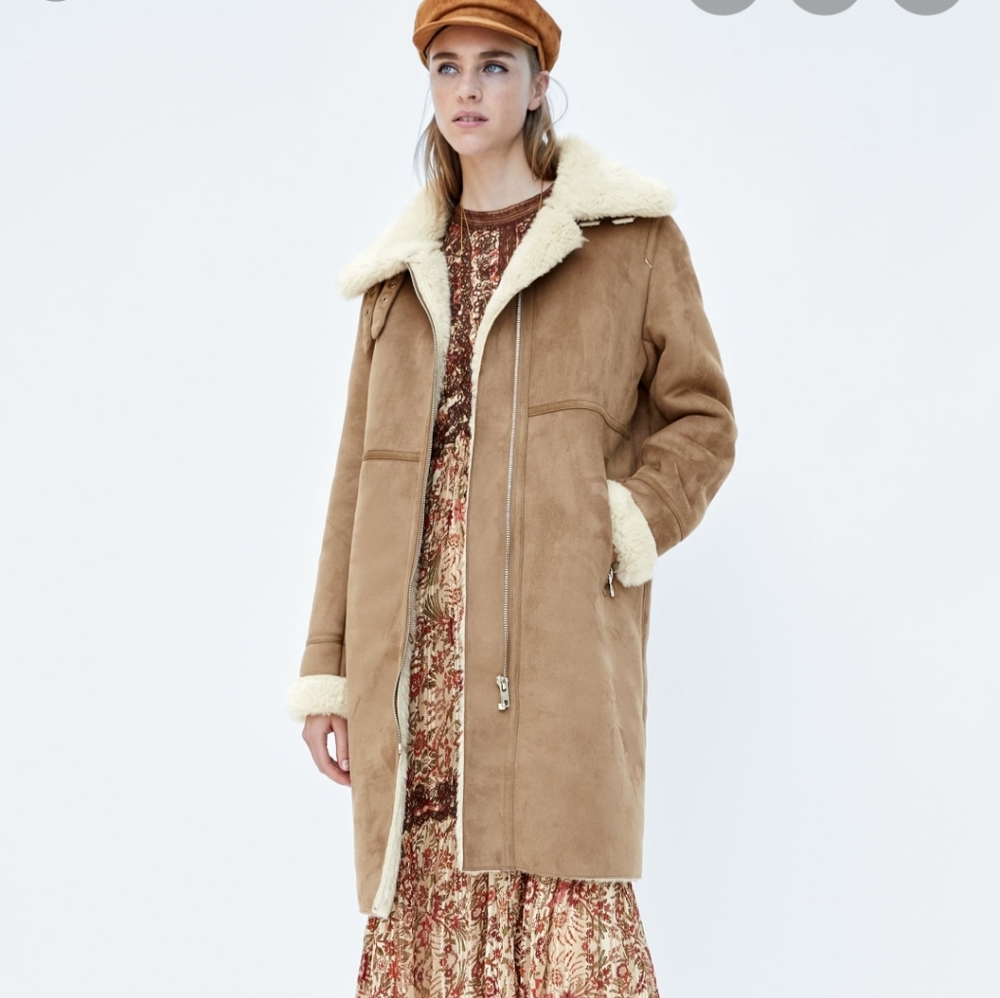 Zara Long line faux suede/sherpa biker coat